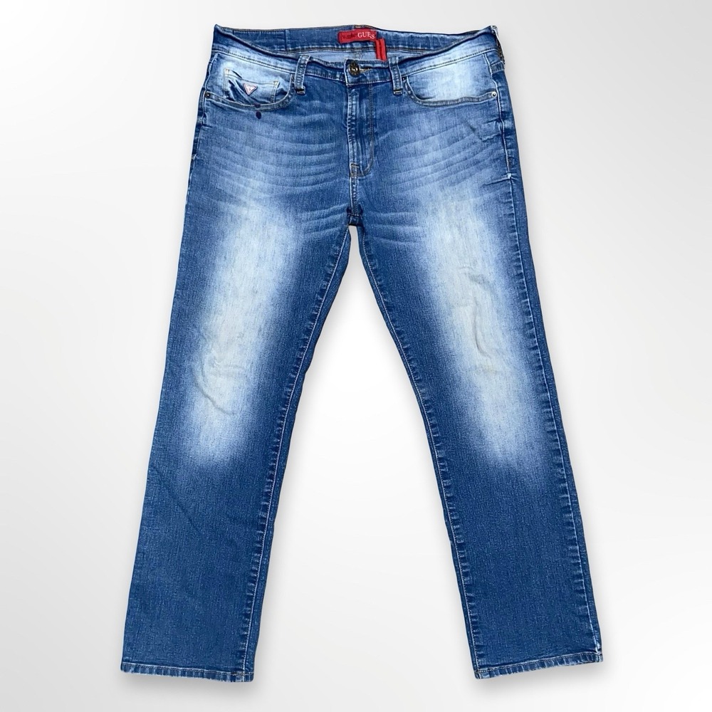 Guess Lincoln Slim Straight Jeans Mens 34x30 Faded Stretch Blue Denim Fits 34x28